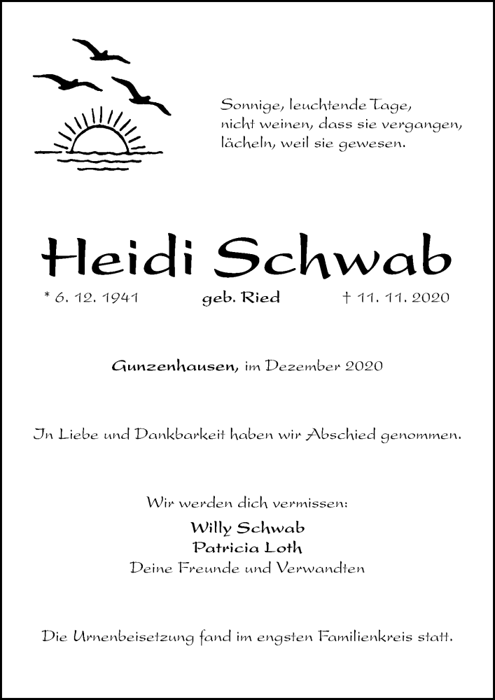 Traueranzeige für Heidi Schwab vom 01.12.2020 aus Altmühl-Bote Lokal
