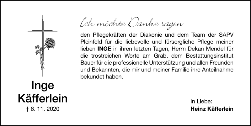  Traueranzeige für Inge Käfferlein vom 17.11.2020 aus Altmühl-Bote Lokal