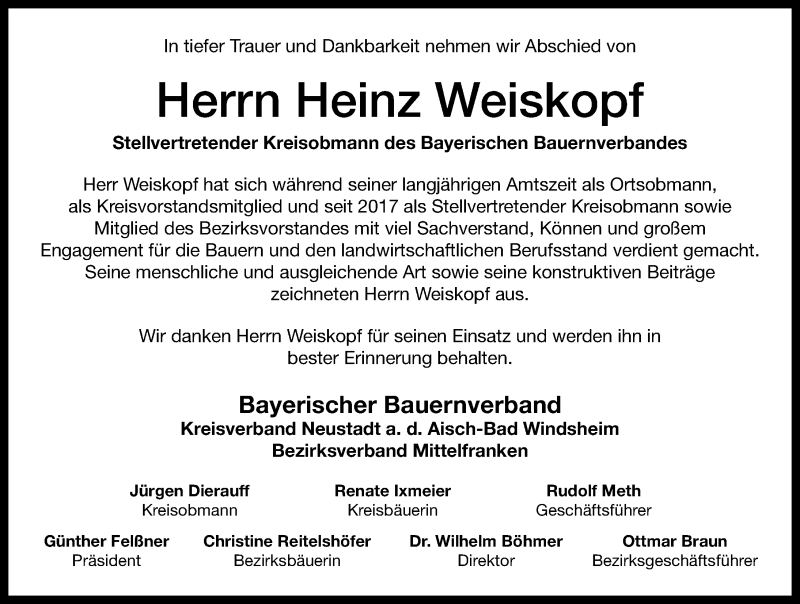  Traueranzeige für Heinz Weiskopf vom 06.11.2020 aus Windsheimer Zeitung Lokal