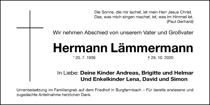  Traueranzeige für Hermann Lämmermann vom 21.11.2020 aus Gesamtausgabe Nürnberger Nachrichten/ Nürnberger Ztg./ Fürther Nachrichten