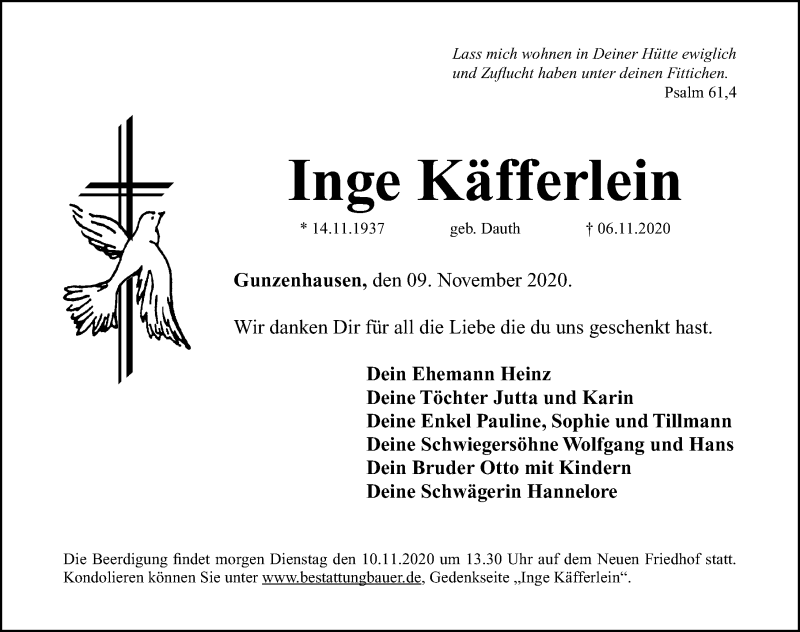  Traueranzeige für Inge Käfferlein vom 09.11.2020 aus Altmühl-Bote Lokal