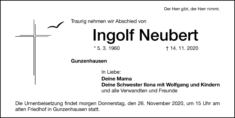  Traueranzeige für Ingolf Neubert vom 25.11.2020 aus Altmühl-Bote Lokal