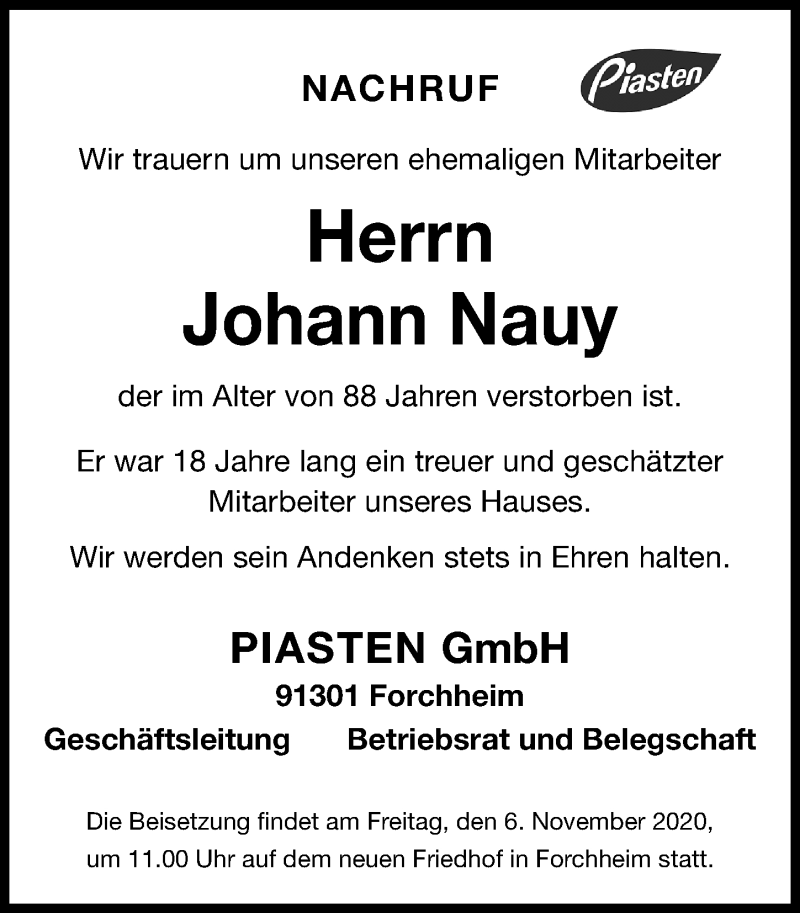  Traueranzeige für Johann Nauy vom 05.11.2020 aus Nordbayerische Nachrichten Forchheim Lokal