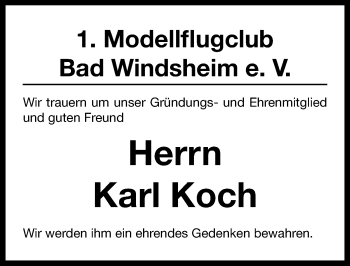 Traueranzeige von Karl Koch von Windsheimer Zeitung Lokal