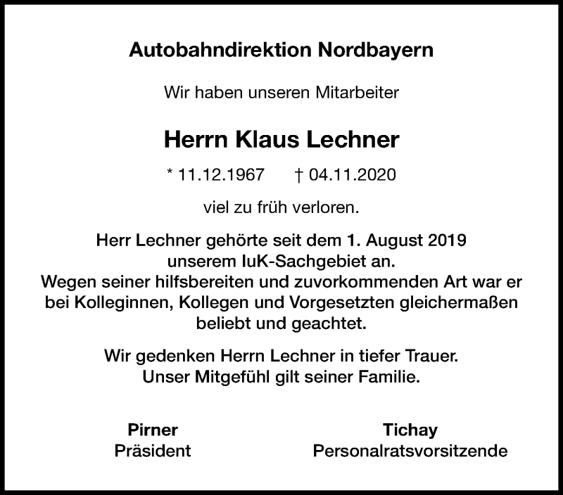  Traueranzeige für Klaus Lechner vom 21.11.2020 aus Gesamtausgabe Nürnberger Nachrichten/ Nürnberger Ztg.