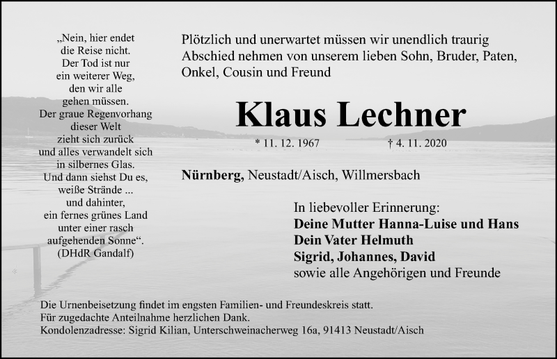  Traueranzeige für Klaus Lechner vom 14.11.2020 aus Gesamtausgabe Nürnberger Nachrichten/ Nürnberger Ztg.