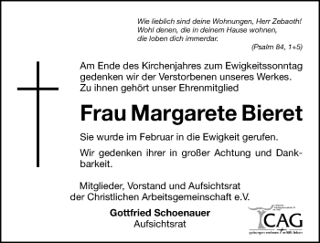 Traueranzeige von Margarete Bieret von Gesamtausgabe Nürnberger Nachrichten/ Nürnberger Ztg.