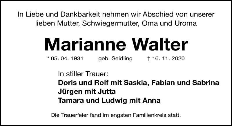  Traueranzeige für Marianne Walter vom 21.11.2020 aus Gesamtausgabe Nürnberger Nachrichten/ Nürnberger Ztg.