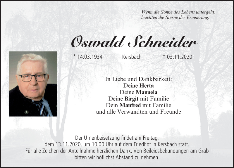  Traueranzeige für Oswald Schneider vom 12.11.2020 aus Nordbayerische Nachrichten Forchheim Lokal