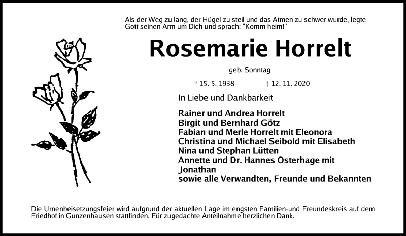  Traueranzeige für Rosemarie Horrelt vom 16.11.2020 aus Altmühl-Bote Lokal