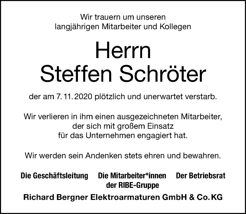  Traueranzeige für Steffen Schröter vom 14.11.2020 aus Schwabacher Tagblatt Lokal
