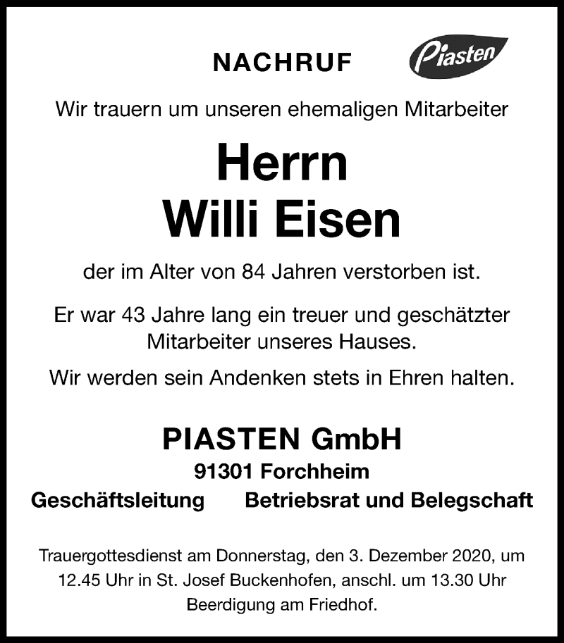  Traueranzeige für Willi Eisen vom 01.12.2020 aus Nordbayerische Nachrichten Forchheim Lokal