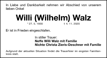 Traueranzeige von Willi Walz von Gesamtausgabe Nürnberger Nachrichten/ Nürnberger Ztg.