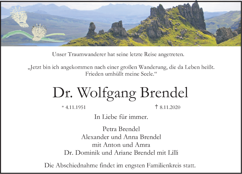  Traueranzeige für Wolfgang Brendel vom 14.11.2020 aus Gesamtausgabe Nürnberger Nachrichten/ Nürnberger Ztg.