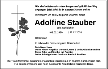 Traueranzeige von Adolfine Stauber von Nordbayerische Nachrichten Pegnitz Lokal