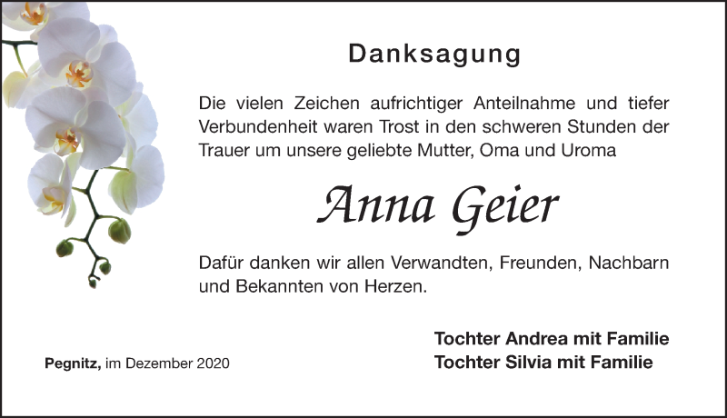  Traueranzeige für Anna Geier vom 09.12.2020 aus Nordbayerische Nachrichten Pegnitz Lokal