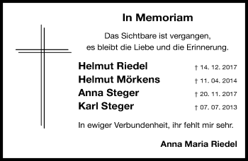 Traueranzeige von Anna Steger von Gesamtausgabe Nürnberger Nachrichten/ Nürnberger Ztg.