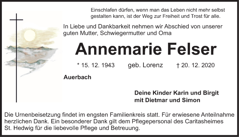  Traueranzeige für Annemarie Felser vom 24.12.2020 aus Nordbayerische Nachrichten Pegnitz Lokal