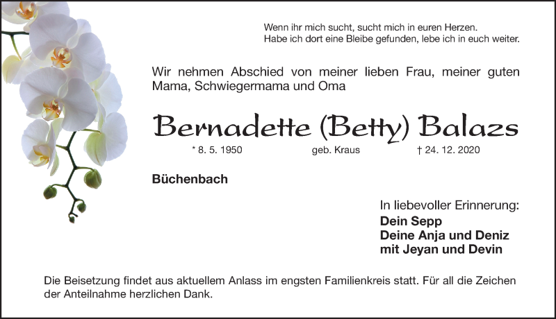  Traueranzeige für Bernadette Balazs vom 30.12.2020 aus Roth-Hilpoltsteiner Volkszeitung Lokal