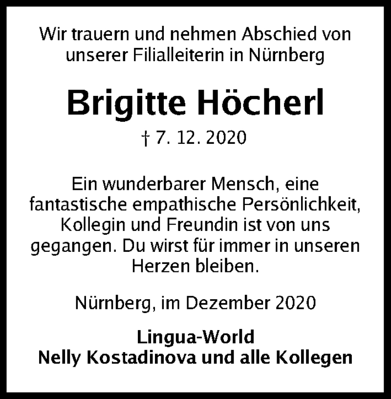  Traueranzeige für Brigitte Höcherl vom 12.12.2020 aus Gesamtausgabe Nürnberger Nachrichten/ Nürnberger Ztg.