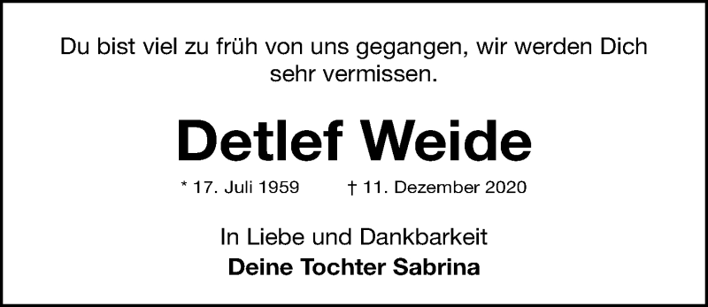  Traueranzeige für Detlef Weide vom 16.12.2020 aus Gesamtausgabe Nürnberger Nachrichten/ Nürnberger Ztg.