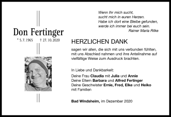 Traueranzeige von Don Fertinger von Windsheimer Zeitung Lokal