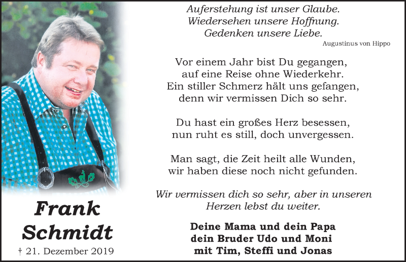 Traueranzeige für Frank Schmidt vom 21.12.2020 aus Schwabacher Tagblatt Lokal