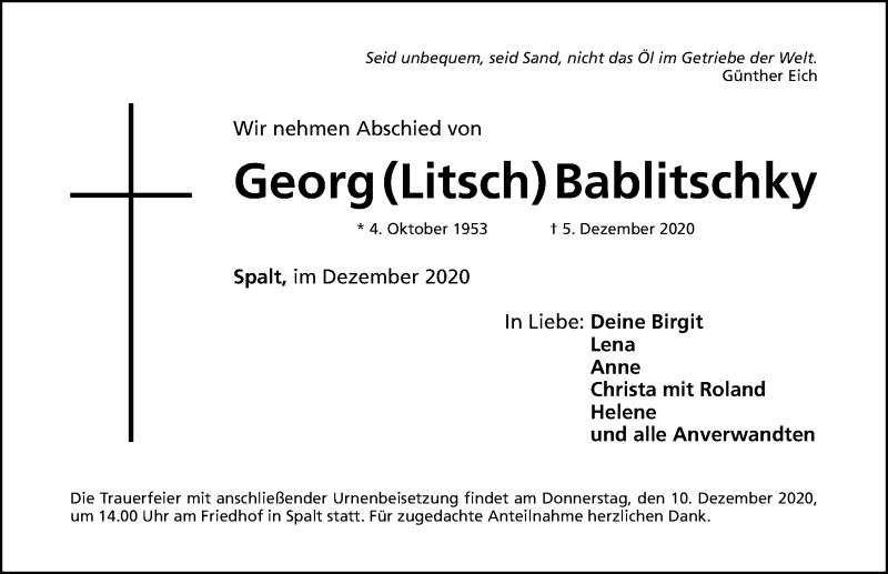 Traueranzeige für Georg  Bablitschky vom 08.12.2020 aus Roth-Hilpoltsteiner Volkszeitung Lokal
