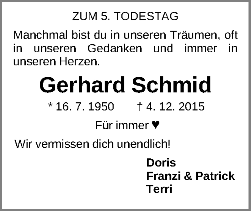  Traueranzeige für Gerhard Schmid vom 04.12.2020 aus Gesamtausgabe Nürnberger Nachrichten/ Nürnberger Ztg.