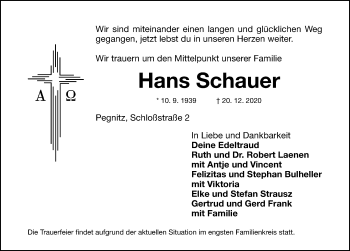 Traueranzeige von Hans Schauer von Nordbayerische Nachrichten Pegnitz Lokal