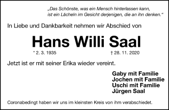 Traueranzeige von Hans Willi Saal von Gesamtausgabe Nürnberger Nachrichten/ Nürnberger Ztg.