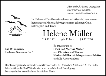 Traueranzeige von Helene Müller von Windsheimer Zeitung Lokal