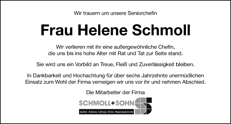  Traueranzeige für Helene Schmoll vom 05.12.2020 aus Gesamtausgabe Nürnberger Nachrichten/ Nürnberger Ztg.