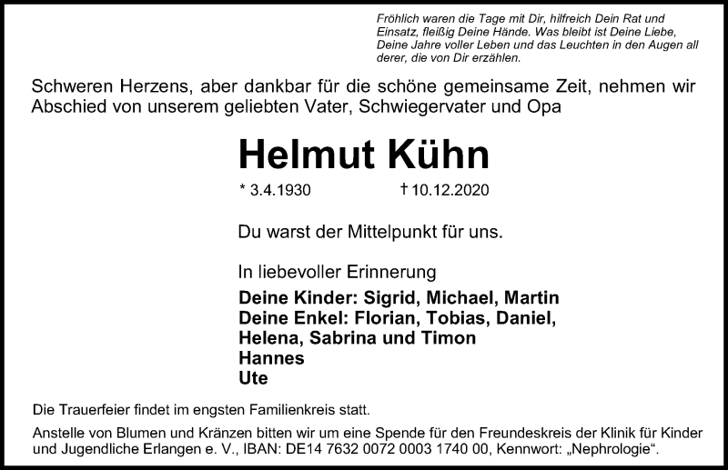  Traueranzeige für Helmut Kühn vom 19.12.2020 aus Erlanger Nachrichten Lokal