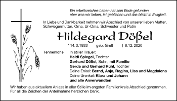 Traueranzeige von Hildegard Dößel von Schwabacher Tagblatt Lokal