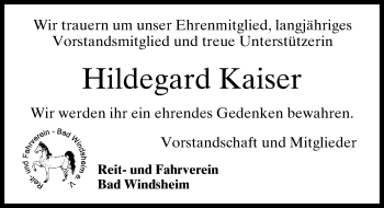 Traueranzeige von Hildegard Kaiser von Windsheimer Zeitung Lokal