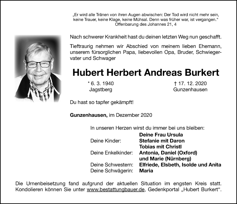  Traueranzeige für Hubert Burkert vom 30.12.2020 aus Altmühl-Bote Lokal