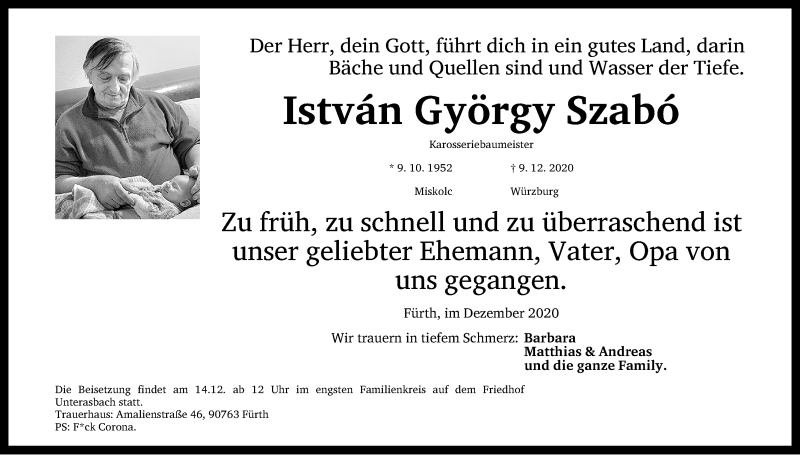  Traueranzeige für Istvan György Szabo vom 12.12.2020 aus Fürther Nachrichten Lokal
