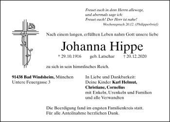 Traueranzeige von Johanna Hippe von Windsheimer Zeitung Lokal