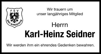 Traueranzeige von Karl-Heinz Seidner von Windsheimer Zeitung Lokal