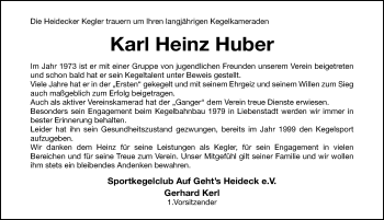 Traueranzeige von Karl Heinz Huber von Roth-Hilpoltsteiner Volkszeitung Lokal