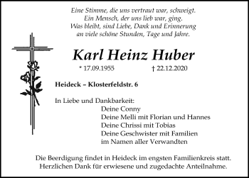 Traueranzeige von Karl Heinz Huber von Roth-Hilpoltsteiner Volkszeitung Lokal