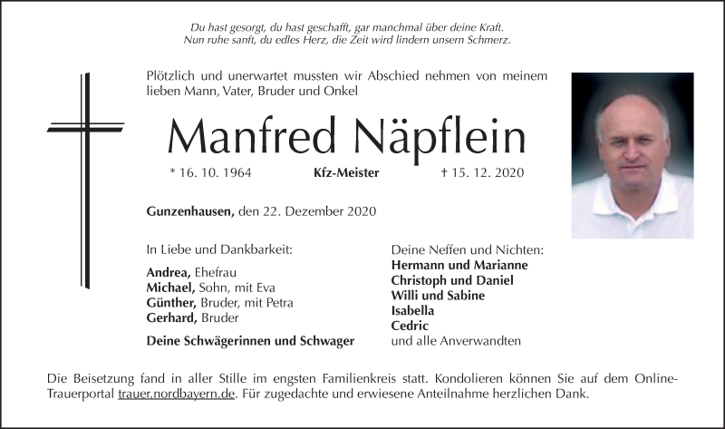  Traueranzeige für Manfred Näpflein vom 22.12.2020 aus Altmühl-Bote Lokal