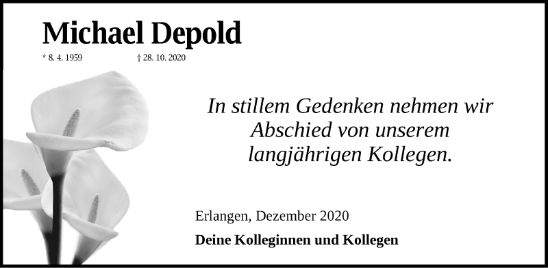  Traueranzeige für Michael Depold vom 04.12.2020 aus Erlanger Nachrichten Lokal