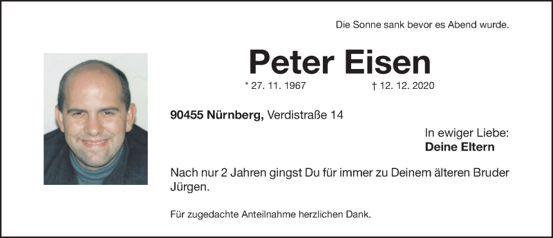  Traueranzeige für Peter Eisen vom 19.12.2020 aus Gesamtausgabe Nürnberger Nachrichten/ Nürnberger Ztg.