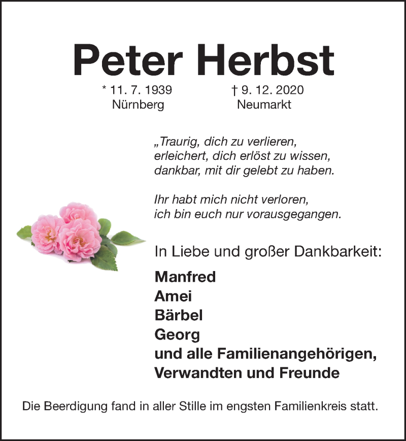  Traueranzeige für Peter Herbst vom 19.12.2020 aus Gesamtausgabe Nürnberger Nachrichten/ Nürnberger Ztg.