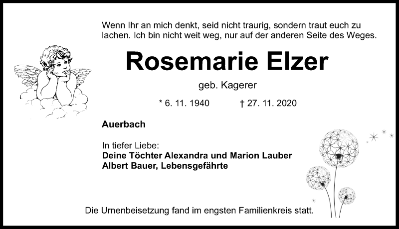  Traueranzeige für Rosemarie Elzer vom 05.12.2020 aus Nordbayerische Nachrichten Pegnitz Lokal