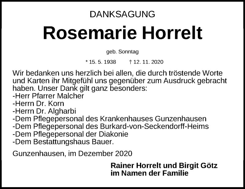  Traueranzeige für Rosemarie Horrelt vom 09.12.2020 aus Altmühl-Bote Lokal