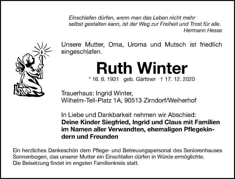  Traueranzeige für Ruth Winter vom 19.12.2020 aus Fürther Nachrichten Lokal