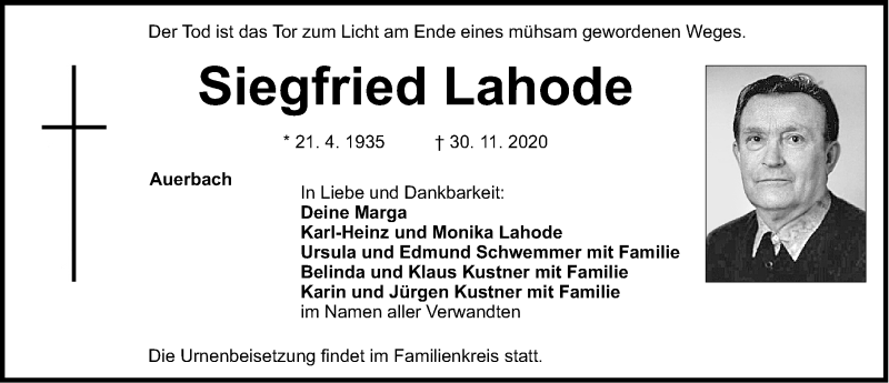  Traueranzeige für Siegfried Lahode vom 05.12.2020 aus Nordbayerische Nachrichten Pegnitz Lokal